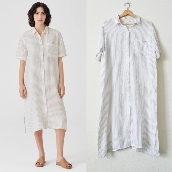 Eileen Fisher LARGE Puckered 100% organic linen shirt dress in ‘Bronze’ striped